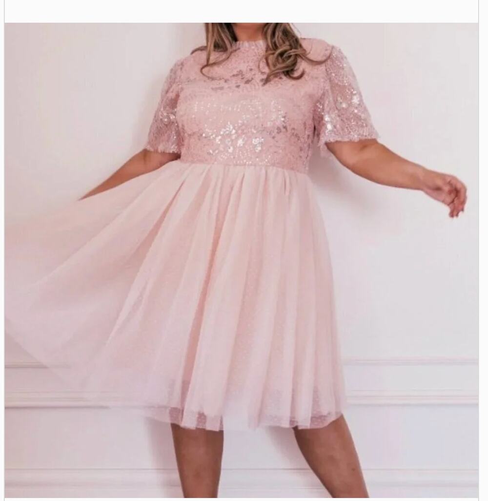 JessaKae Pink Sequin Tulle Dress Women’s 1X Midi Party Formal
